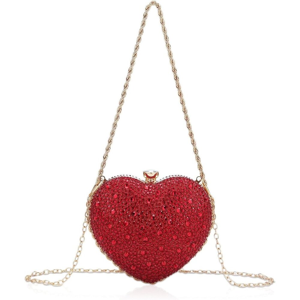 ⚡  Women's Cute Heart Shape‎ Rhinestone Evening Wedding Red Clutch Handbag